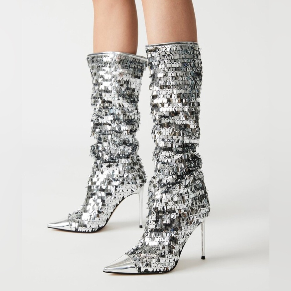 Silver Sequin Knee-High Stiletto Boots size 6